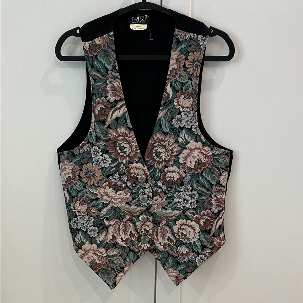 Floral Jacquard V-Neck Tunic Vest in Green & Mauve